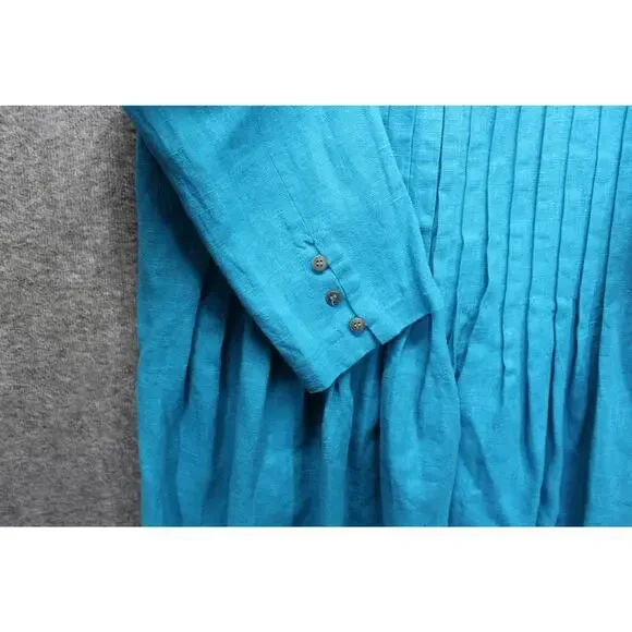 Linen Gallery Dress Womens 12 Midi Pintuck Teal 3/4 Sleeve - Picture 4 of 6